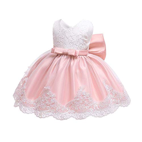 IWEMEK Vestido de encaje para bebé niña, con lazo, para dama de honor, de boda, con tutú, de princesa, para cumpleaños, fiesta, bautizo, 01 rosa claro., 3-6 Meses