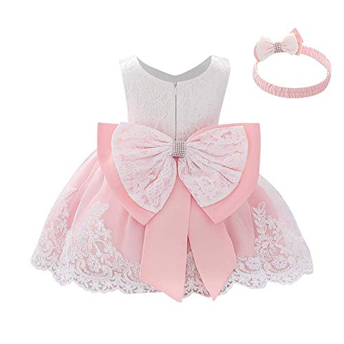 IWEMEK Vestido de encaje para bebé niña, con lazo, para dama de honor, de boda, con tutú, de princesa, para cumpleaños, fiesta, bautizo, 01 rosa claro., 3-6 Meses