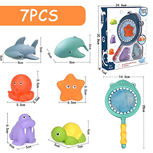 Juguetes Agua Bebe,Juguete de Baño Set Juguetes Baño Bebe con Red de Pesca,Juguetes Agua Bebe con Red de Pesca de 1pcs y Juguetes de Animales Flotantes 6pcs