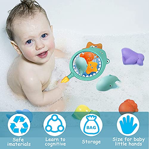 Juguetes Agua Bebe,Juguete de Baño Set Juguetes Baño Bebe con Red de Pesca,Juguetes Agua Bebe con Red de Pesca de 1pcs y Juguetes de Animales Flotantes 6pcs