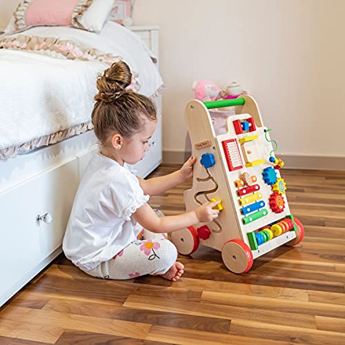 KiddyMoon Andador Madera Con Panel Sensorial Para Bebés WK-002, Multicolor