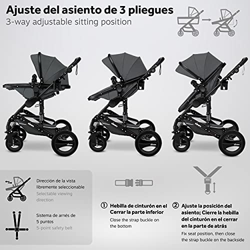 KIDUKU® Carrito de Bebé 3 en 1 | Silla de Paseo para Niños | Carricoche de 3 Piezas | Capazo, Cambiador, Cubrepiés | Sillita Coche Ligera Infantil (Anthracita)