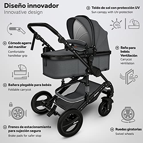 KIDUKU® Carrito de Bebé 3 en 1 | Silla de Paseo para Niños | Carricoche de 3 Piezas | Capazo, Cambiador, Cubrepiés | Sillita Coche Ligera Infantil (Anthracita)