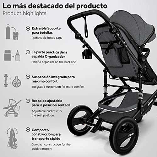 KIDUKU® Carrito de Bebé 3 en 1 | Silla de Paseo para Niños | Carricoche de 3 Piezas | Capazo, Cambiador, Cubrepiés | Sillita Coche Ligera Infantil (Anthracita)