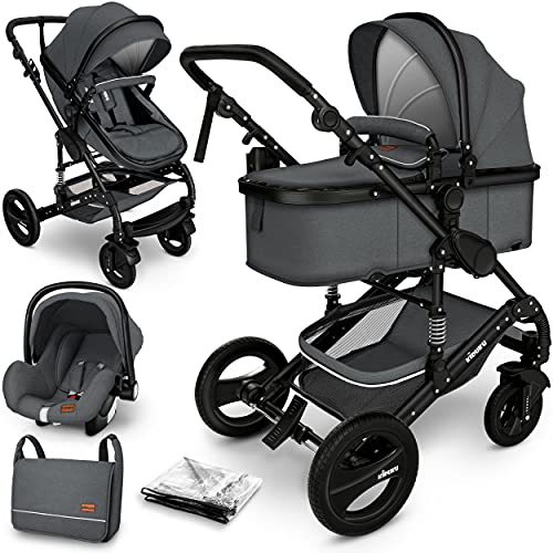 KIDUKU® Carrito de Bebé 3 en 1 | Silla de Paseo para Niños | Carricoche de 3 Piezas | Capazo, Cambiador, Cubrepiés | Sillita Coche Ligera Infantil (Anthracita)