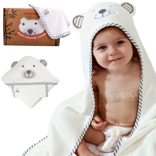 KPRICE Gorro de baño para bebé con capucha, 90 x 90 cm, toallas de 100% franela de bambú, muy suave, absorbente, para niños y niñas, incluye 1 idea de regalo para un pequeño pañuelo facial (oso gris)