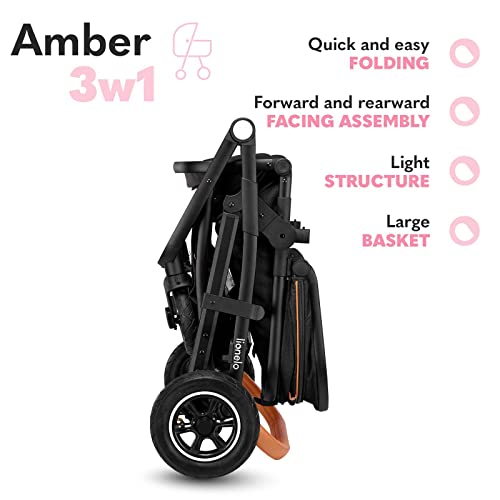 LIONELO Amber Coche de bebé multifuncional 3 en 1 Conjunto silla de paseo con el Asiento de Cubo e Capazo Manillar regulable Bolsa Mosquitero Protector de lluvia Asiento de coche (Gris oscuro)