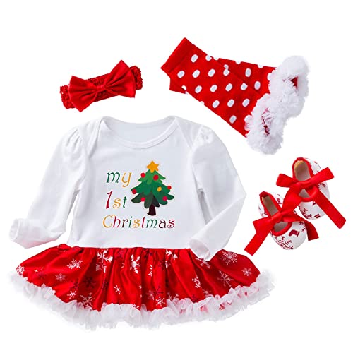 LNL Vestidos Para Navidad Bebe Niña Conjuntos Bebe Niña Navidad Arbol Tutu Vetidos Bebé Ropa Mi Primera Navidad 4 Piezas Blanco 12-24 meses