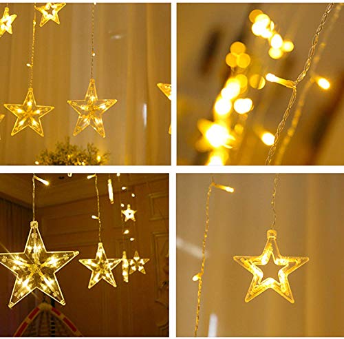 Luces de Cortina de Estrella LED 3 Baterías AA o USB Luces de Cadena Estrelladas Blancas Cálidas con 2,5m 12 Estrellas 138 Leds 8 Modos para ei Jardín de Bodas de Navidad