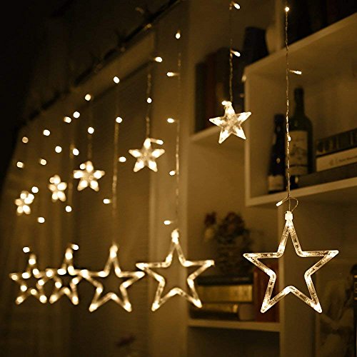 Luces de Cortina de Estrella LED 3 Baterías AA o USB Luces de Cadena Estrelladas Blancas Cálidas con 2,5m 12 Estrellas 138 Leds 8 Modos para ei Jardín de Bodas de Navidad