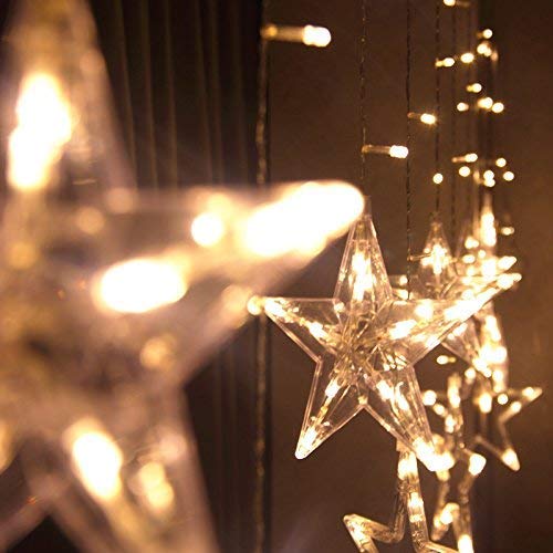 Luces de Cortina de Estrella LED 3 Baterías AA o USB Luces de Cadena Estrelladas Blancas Cálidas con 2,5m 12 Estrellas 138 Leds 8 Modos para ei Jardín de Bodas de Navidad