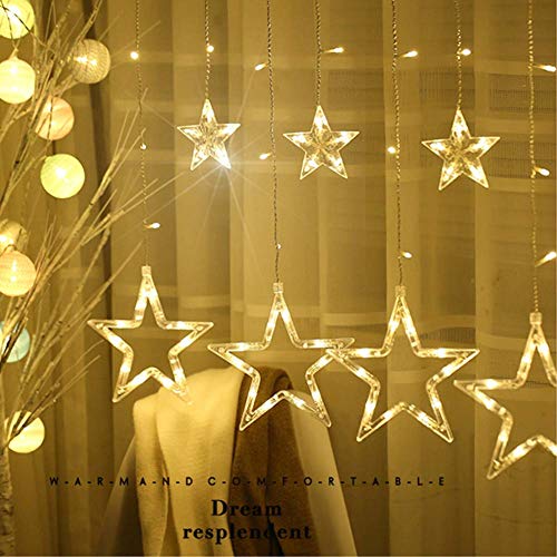 Luces de Cortina de Estrella LED 3 Baterías AA o USB Luces de Cadena Estrelladas Blancas Cálidas con 2,5m 12 Estrellas 138 Leds 8 Modos para ei Jardín de Bodas de Navidad