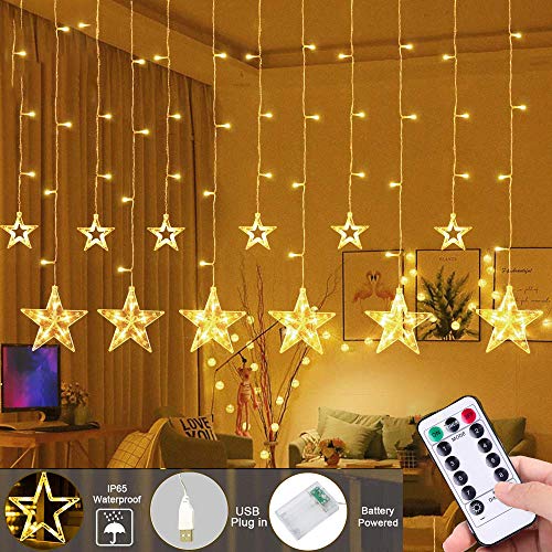 Luces de Cortina de Estrella LED 3 Baterías AA o USB Luces de Cadena Estrelladas Blancas Cálidas con 2,5m 12 Estrellas 138 Leds 8 Modos para ei Jardín de Bodas de Navidad