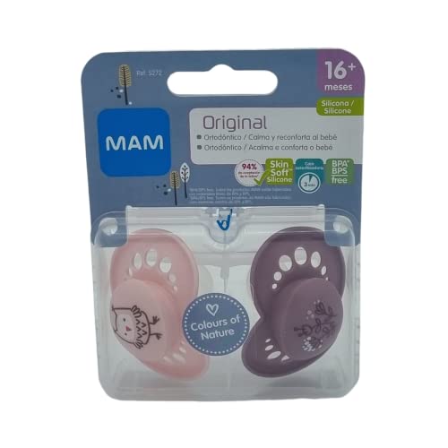 MAM Chupete Original S272 - Colección Colours of Nature, Textura Mate, Chupete con Tetina de Silicona SkinsoftTM ultrasuave, para Bebés de 16+ Meses, Rosa, 2 unidades, con Caja Autoesterilizadora