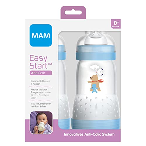 MAM Easy Start - Biberón anticólicos para bebé (2 unidades, 260 ml), botella con tetina tamaño 1, a partir del nacimiento, oso, Azul/Oso + Bebé, Instrucciones en Lengua Extranjera