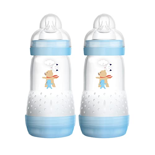 MAM Easy Start - Biberón anticólicos para bebé (2 unidades, 260 ml), botella con tetina tamaño 1, a partir del nacimiento, oso, Azul/Oso + Bebé, Instrucciones en Lengua Extranjera