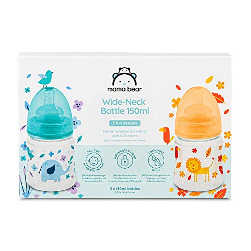 Marca Amazon - Mama Bear Biberón de cuello ancho 150 ml, 3 piezas