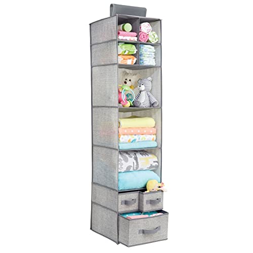 mDesign Juego de Dos Organizadores de Ropa – Estanteria Colgante en Tela para Guardar y organizar articulos de Bebe con 7 Compartimentos y 3 cajones – Cajas para Guardar Ropa, Juguetes - Gris