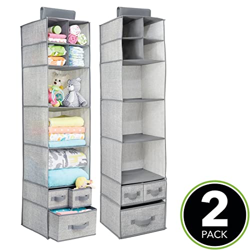 mDesign Juego de Dos Organizadores de Ropa – Estanteria Colgante en Tela para Guardar y organizar articulos de Bebe con 7 Compartimentos y 3 cajones – Cajas para Guardar Ropa, Juguetes - Gris