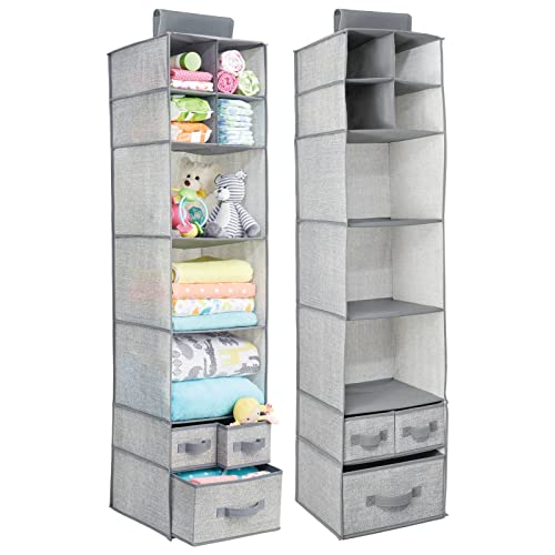 mDesign Juego de Dos Organizadores de Ropa – Estanteria Colgante en Tela para Guardar y organizar articulos de Bebe con 7 Compartimentos y 3 cajones – Cajas para Guardar Ropa, Juguetes - Gris