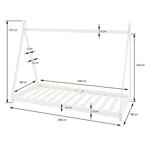 ML-Design Cama Infantil Tipi Indio 90x200 cm con Somier Estructura Listones de Madera de Pino Maciza Color Blanco Forma de Casa Mobiliario Juego Marco de Tienda de Campaña para Niños