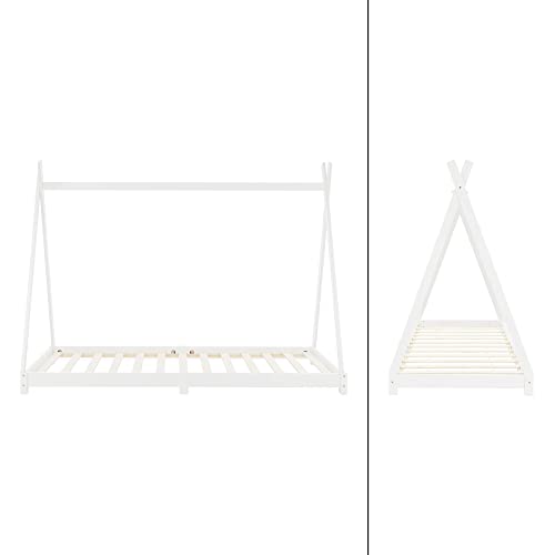 ML-Design Cama Infantil Tipi Indio 90x200 cm con Somier Estructura Listones de Madera de Pino Maciza Color Blanco Forma de Casa Mobiliario Juego Marco de Tienda de Campaña para Niños