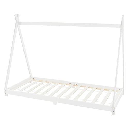 ML-Design Cama Infantil Tipi Indio 90x200 cm con Somier Estructura Listones de Madera de Pino Maciza Color Blanco Forma de Casa Mobiliario Juego Marco de Tienda de Campaña para Niños