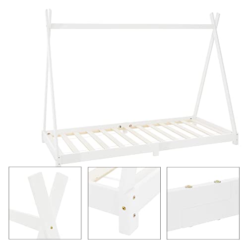 ML-Design Cama Infantil Tipi Indio 90x200 cm con Somier Estructura Listones de Madera de Pino Maciza Color Blanco Forma de Casa Mobiliario Juego Marco de Tienda de Campaña para Niños