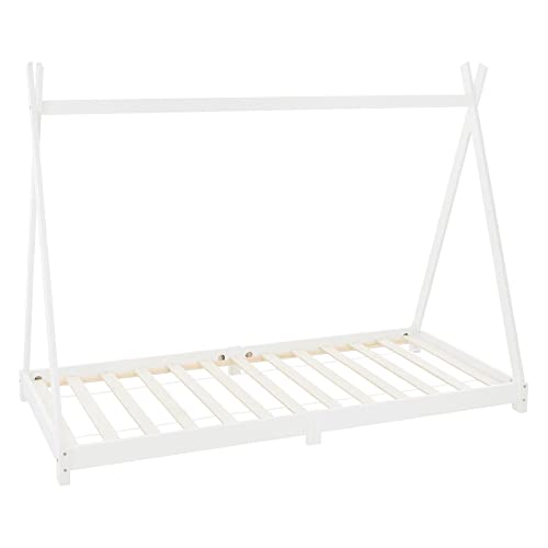 ML-Design Cama Infantil Tipi Indio 90x200 cm con Somier Estructura Listones de Madera de Pino Maciza Color Blanco Forma de Casa Mobiliario Juego Marco de Tienda de Campaña para Niños