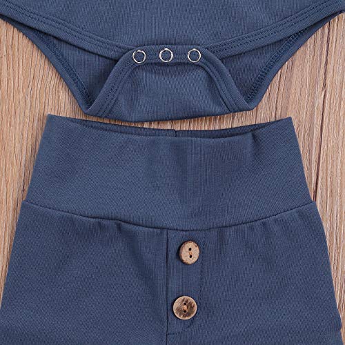 MoccyBabeLee Ropa de bebé recién nacido de algodón de manga larga, mameluco de pantalones, trajes de pantalones para niños pequeños de 0 a 18 meses, Sólido Azul, 6 mes