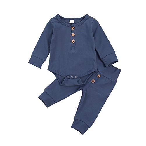 MoccyBabeLee Ropa de bebé recién nacido de algodón de manga larga, mameluco de pantalones, trajes de pantalones para niños pequeños de 0 a 18 meses, Sólido Azul, 6 mes