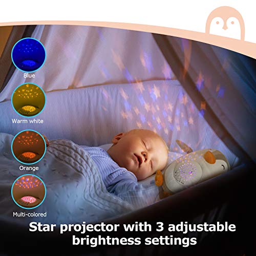 Momcozy - Máquina de ruido, color blanco pingüino, proyector de noche recargable, ayuda al bebé a dormir y juguete musical con 15 sonidos calmantes, luz nocturna para bebé con detector de pieles.