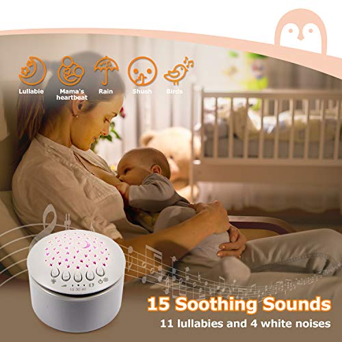 Momcozy - Máquina de ruido, color blanco pingüino, proyector de noche recargable, ayuda al bebé a dormir y juguete musical con 15 sonidos calmantes, luz nocturna para bebé con detector de pieles.