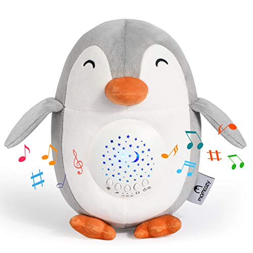 Momcozy - Máquina de ruido, color blanco pingüino, proyector de noche recargable, ayuda al bebé a dormir y juguete musical con 15 sonidos calmantes, luz nocturna para bebé con detector de pieles.