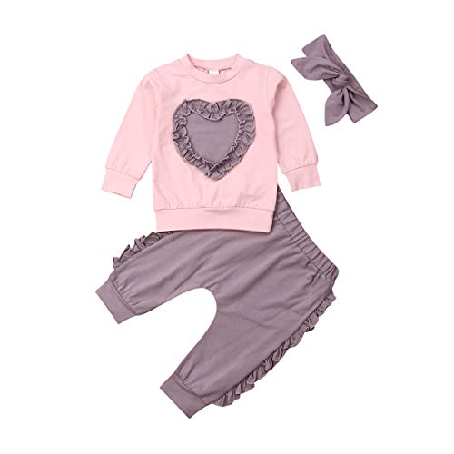 MY Household Conjunto de sudadera para niñas pequeñas y bebés Conjunto de ropa Ropa de bebé de 0 a 2 años Conjunto de pantalones con diadema (0-6 Meses, amor morado oscuro)