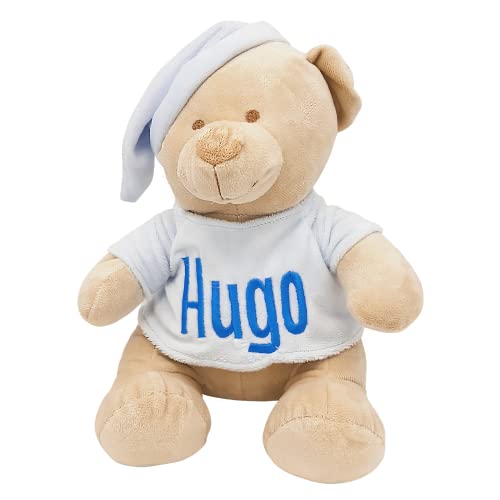 MyK Oso de Peluche Personalizado Para Bebe con el nombre del recien nacido bordado en color (Azul)