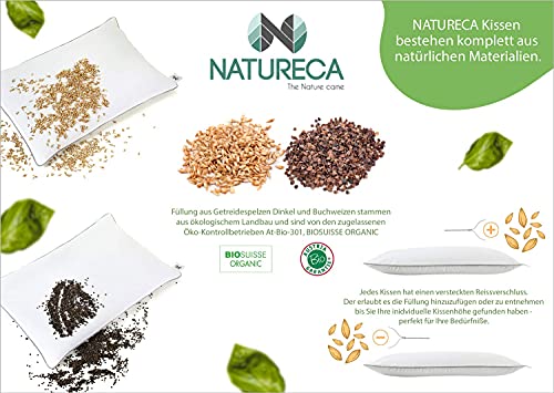 NATURECA Almohada de espelta 40 x 80 cm, Almohada Cervical con Funda Transpirable de algodón, Almohada Natural de cáscara de espelta orgánica, Almohada ortopedica Bio espelta