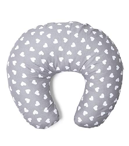 Niimo Cojin Lactancia Bebè Funda Cojin 100% Algodòn Extraíble y Lavable Almohada Multifuncional para Madre y Bebé Relleno de Fibra de Poliéster (Gris - Corazon Blanco)