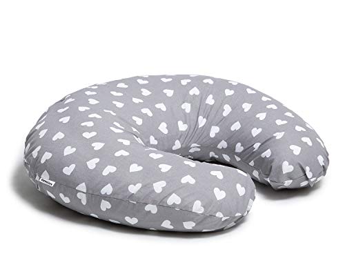 Niimo Cojin Lactancia Bebè Funda Cojin 100% Algodòn Extraíble y Lavable Almohada Multifuncional para Madre y Bebé Relleno de Fibra de Poliéster (Gris - Corazon Blanco)