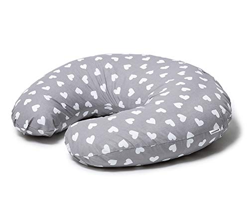 Niimo Cojin Lactancia Bebè Funda Cojin 100% Algodòn Extraíble y Lavable Almohada Multifuncional para Madre y Bebé Relleno de Fibra de Poliéster (Gris - Corazon Blanco)