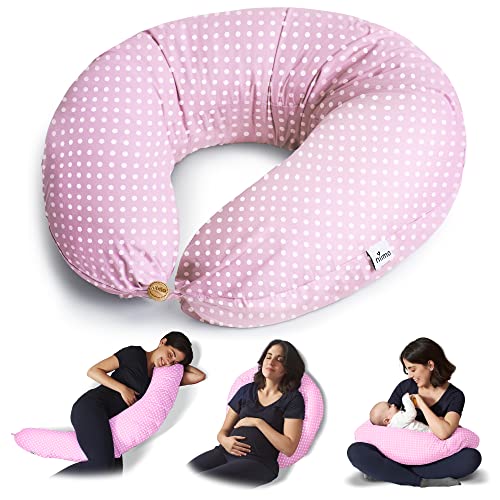 Niimo Cojin Lactancia Bebe y Almohada Embarazada Dormir XXL Multifuncion Funda Cojin 100% Algodon Desenfundable y Lavable Relleno de Poliester Multiusos Maternidad (Rosa-Lunares Blancos)