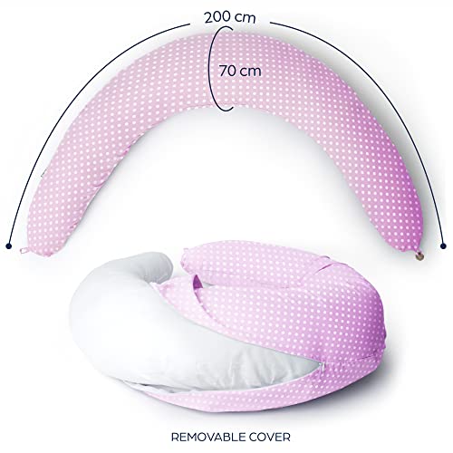 Niimo Cojin Lactancia Bebe y Almohada Embarazada Dormir XXL Multifuncion Funda Cojin 100% Algodon Desenfundable y Lavable Relleno de Poliester Multiusos Maternidad (Rosa-Lunares Blancos)