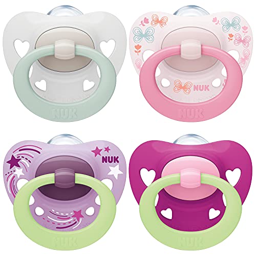 NUK chupetes para bebés noche y día | 0-6 meses | Chupetes que brillan en la oscuridad | Silicona sin BPA | Rosa | 4 unidades