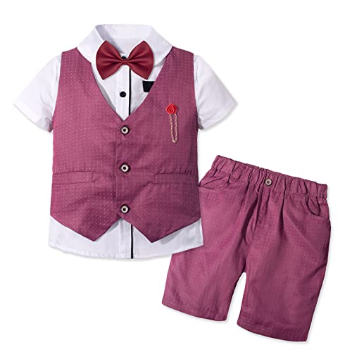 Nwada Traje de bebé de niño pequeño parcial Traje de bautismo de fiesta de caballero Camisa de manga corta festiva con pajarita + pantalón corto con tirantes 4-5 años