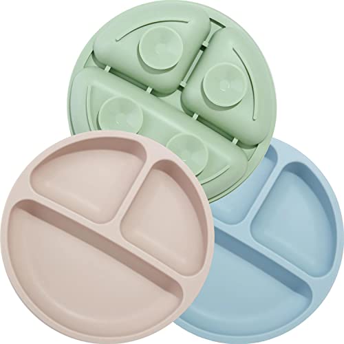 PandaEar Platos de silicona antideslizantes para niños con ventosas, platos para bebés, platos separados, sin BPA, 3 unidades, aptos para lavavajillas y microondas