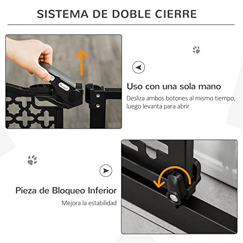 PawHut Barrera de Seguridad de Perros Mascotas para Puertas Escaleras Pasillos 74-105 cm con 2 Extensiones de 10/15 cm con Puerta y Cierre Automático Acero Negro