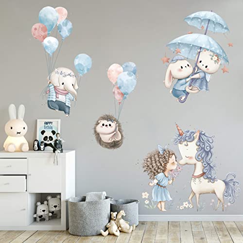 Pegatinas de Pared Animales Vinilos Decorativos Globos Unicornio Conejo Elefante Erizo Vinilos de Pared Decorativos Decoración Pared Habitación Infantiles Bebés Guardería Dormitorio