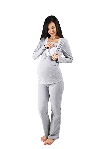 Pijama de lactancia con encaje para mujer, pijama de maternidad, pijama para embarazadas y lactancia, con función de lactancia, manga larga, gris, M