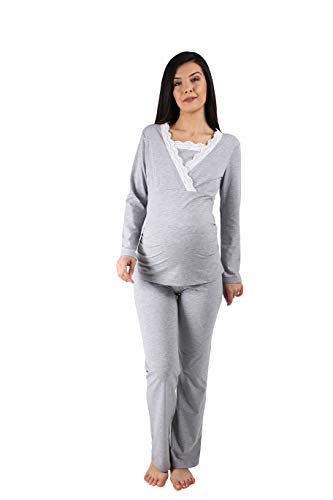 Pijama de lactancia con encaje para mujer, pijama de maternidad, pijama para embarazadas y lactancia, con función de lactancia, manga larga, gris, M