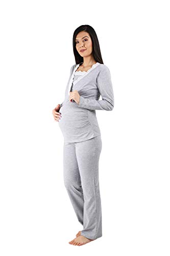 Pijama de lactancia con encaje para mujer, pijama de maternidad, pijama para embarazadas y lactancia, con función de lactancia, manga larga, gris, M